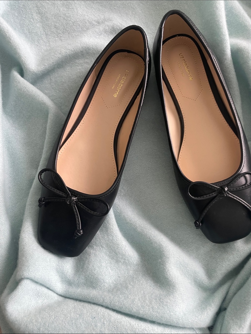 Tory Burch Black Square-Toe Ballet Flats with Bow Accent